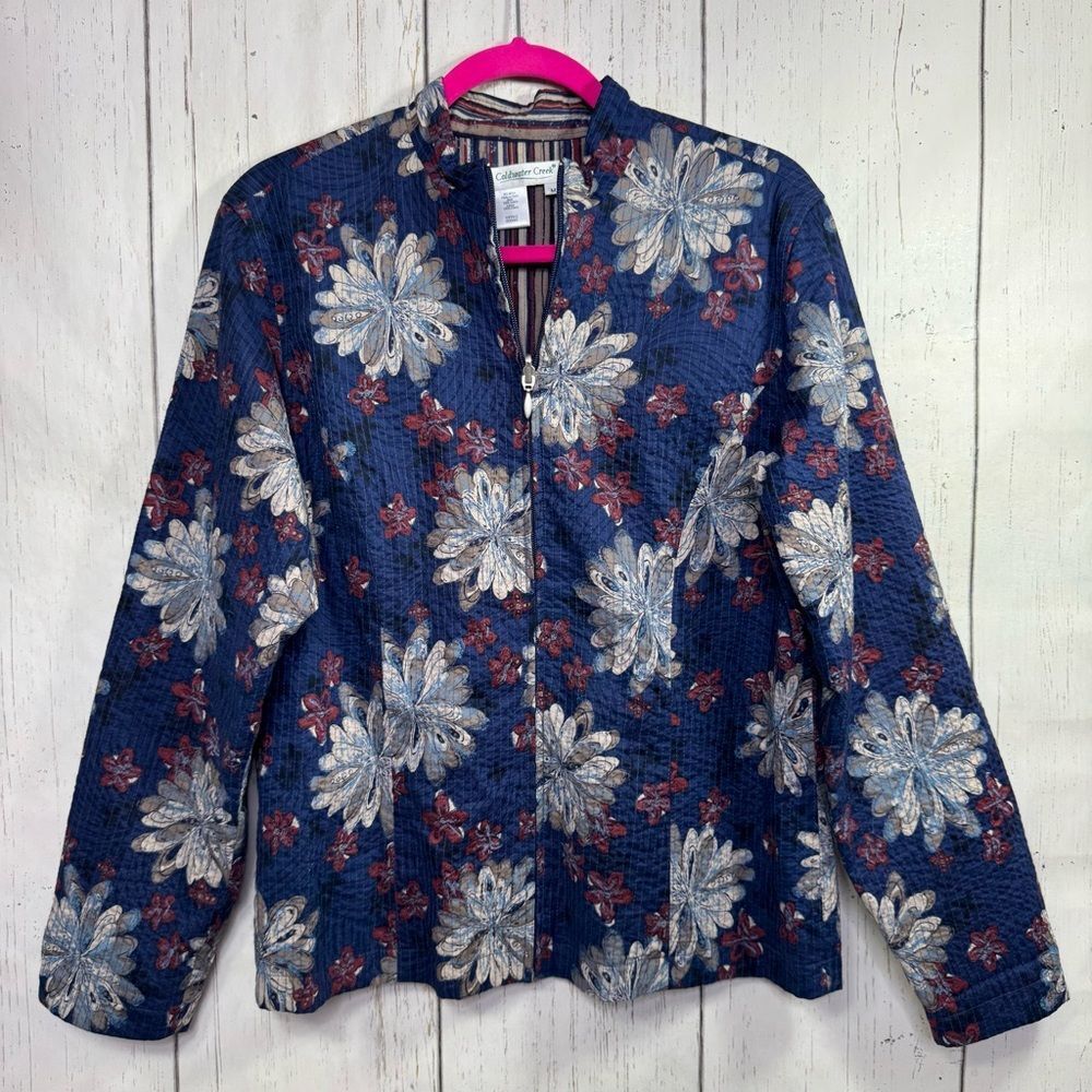 Coldwater Creek Womens Reversible Cotton Jacket Floral Striped Boho Layering